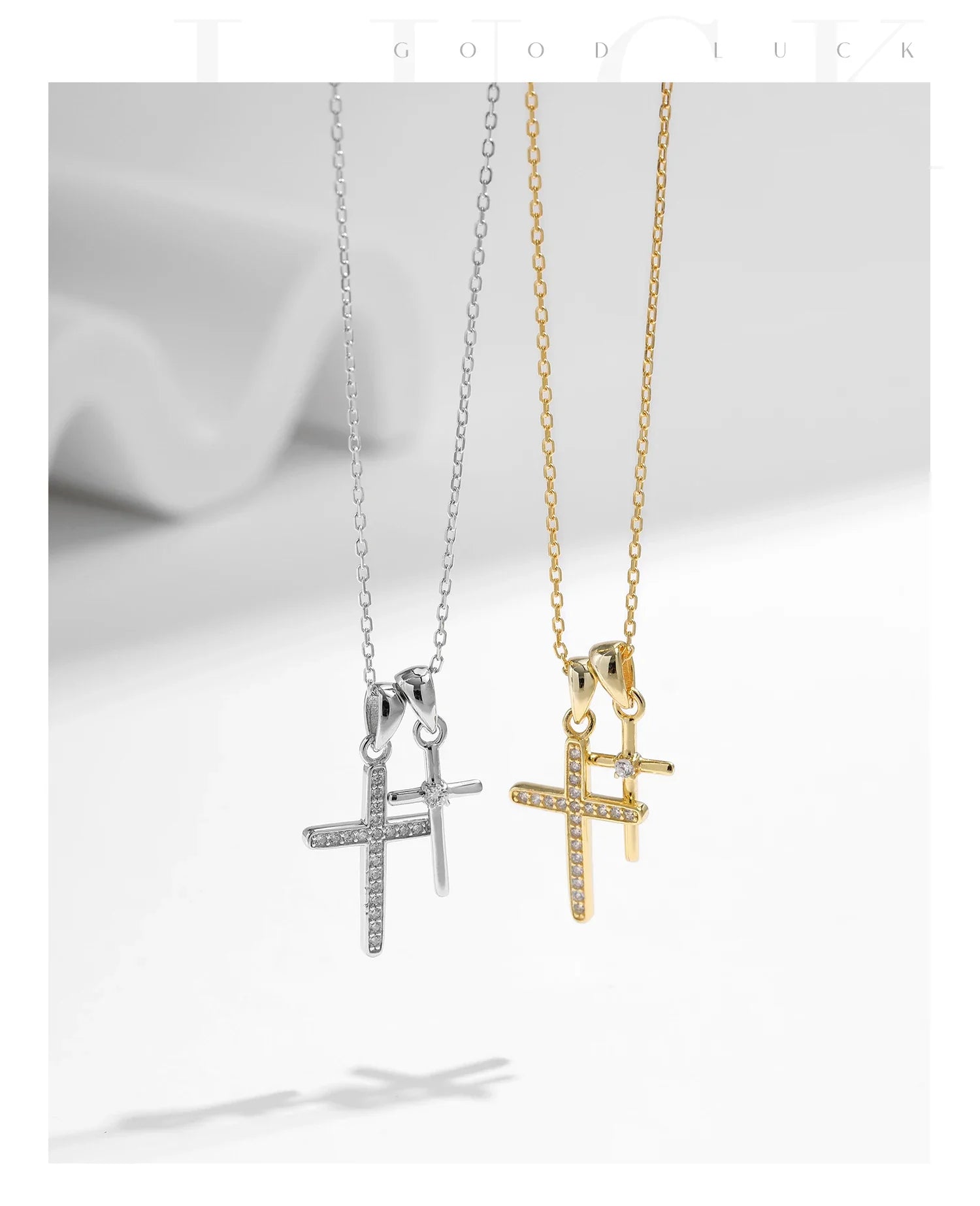 925 Sterling Silver Classic Delicate Double Cross Zircon Link Chain Pendant Necklace For Women Fine Jewelry Gifts