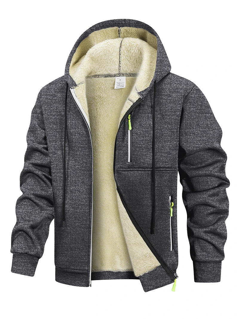 Men's Winter Warm Sherpa Plush Lined Jacket Casual Zip Up Hooded Coat with Zipper Pockets Male Fleece Outerwear Outfits Tops