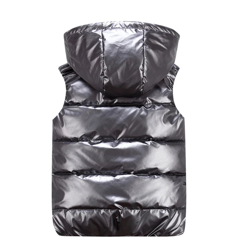 Classic Hooded Vest Man/Woman/Child Winter Hooded Glossy Cotton Vest Casual Waistcoat Men's Sleeveless Jacket Warm Overcoats Hat