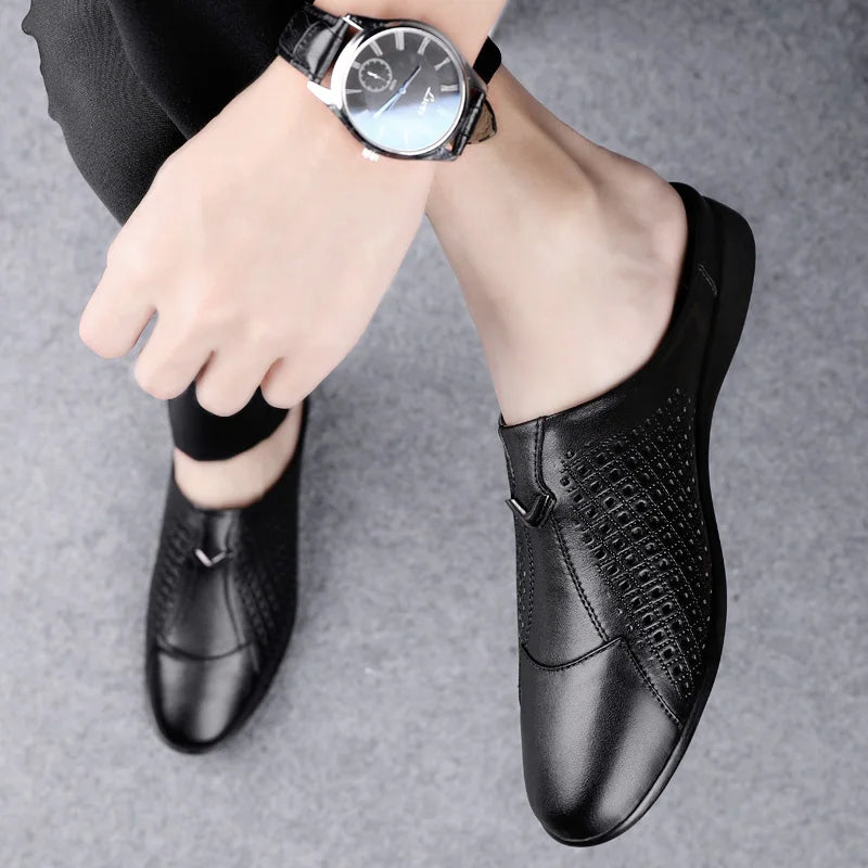 Summer Men Shoes Casual Brand Mens Penny Loafers Genuine Leather Luxury Half Slipper For Men Breathable Lazy Driving Shoes Man