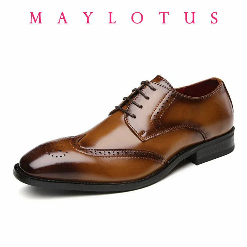 Top Quality Hard Cow Leather Pattern Men Formal Wedding Dress Shoes Pointed Toe Gentleman Men Brogues Oxfords New Spring