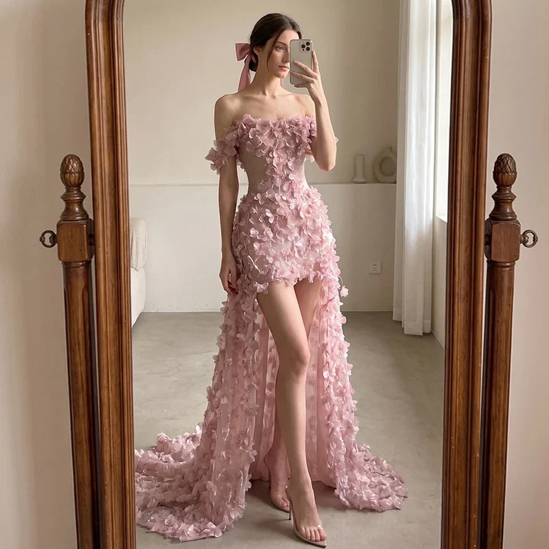 Pink Off Shoulder Mini Evening Dress 3D Handmade Floral Petal Appliques Long Train Tulle Formal Prom Gown Sexy High Split