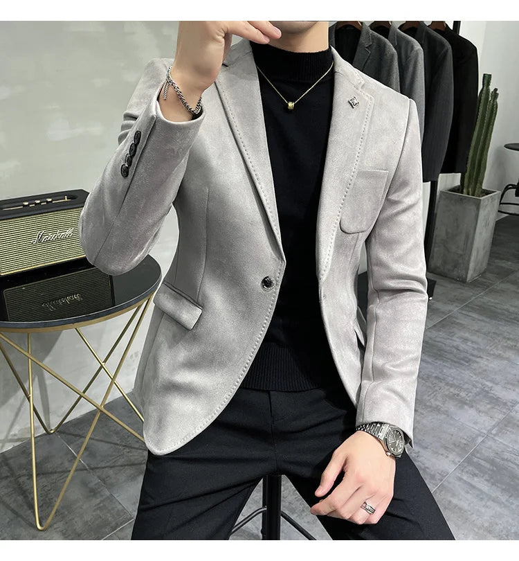 Plus Size 4XL-M Autumn Deerskin Velvet Jackets Blazer 6 Color Men Business Slim Blazers Hommes Casual Wedding Tuxedo Suit Coat