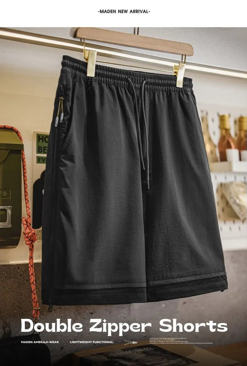 Outdoor Double Zippers Shorts Men's Summer Breathable Running Sport Shorts Lightweight Quick-Dry Training Street Bottoms