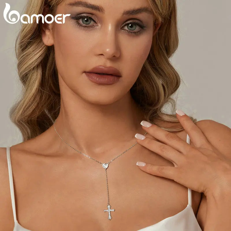 925 Sterling Silver Delicate Heart-shaped Pendant Necklace Y-shaped Cross Chain Necklace for Women Party Dainty Jewelry