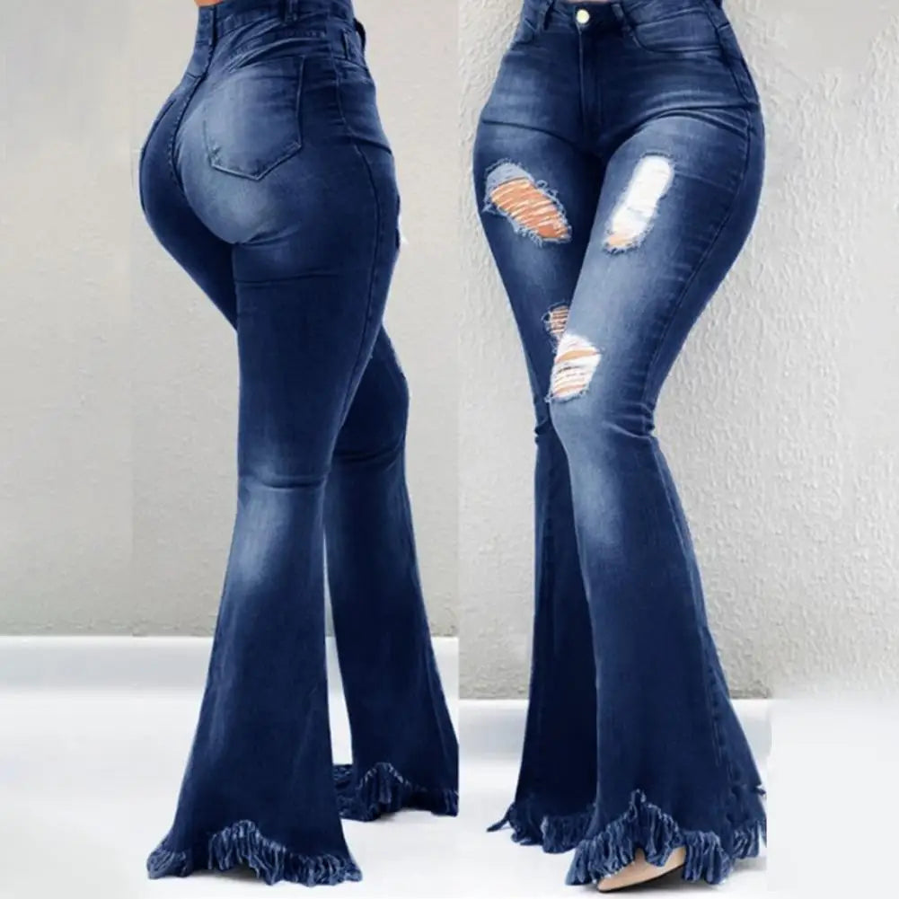 Women Flared Pants High Waist Pockets Ripped Holes Bell Bottom Trousers