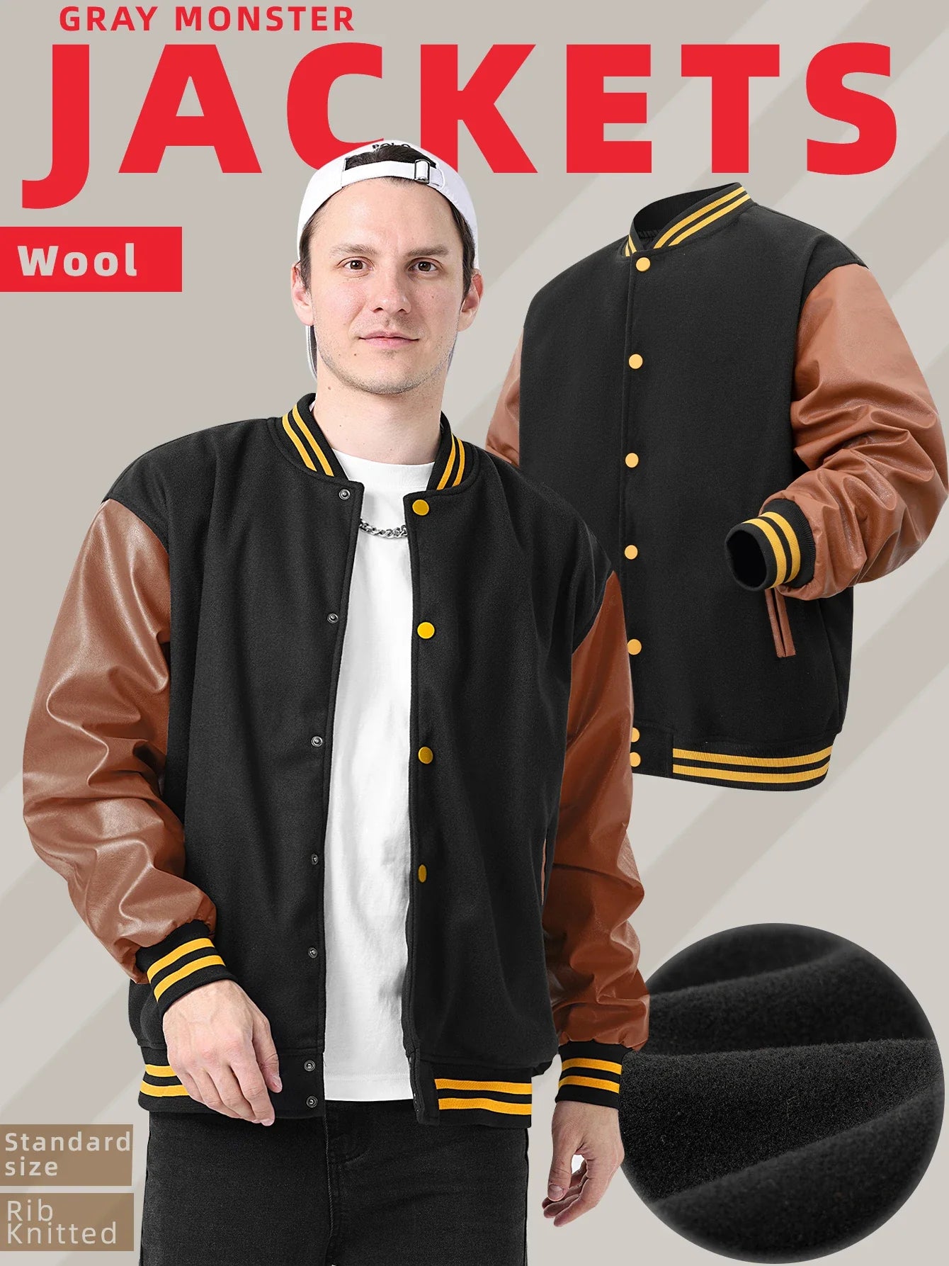 Men's Classic Varsity Jacket with Faux Leather Sleeves Letterman Style Baseball Coat Color-Block Lightweight Men's