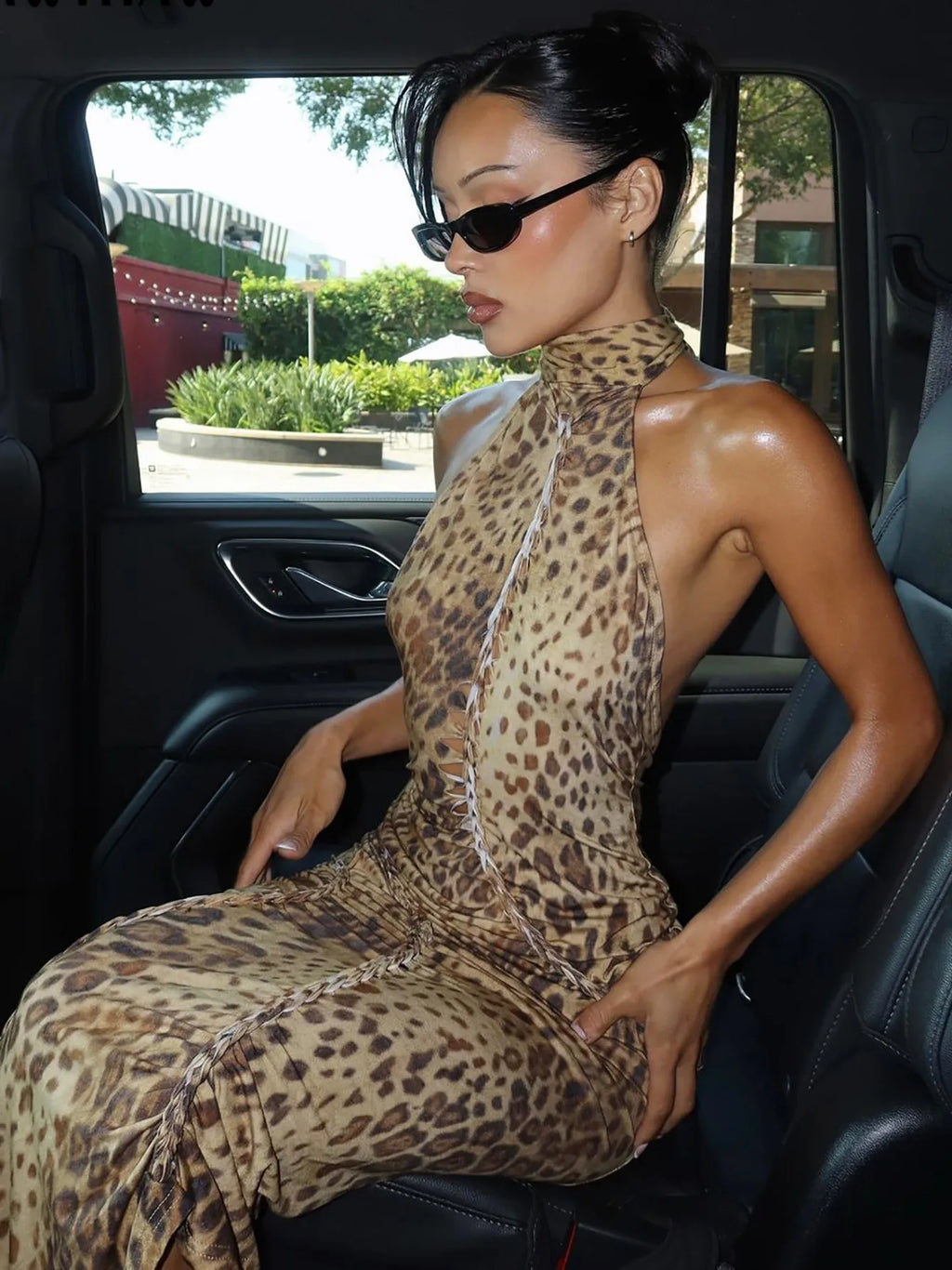 Women Sexy Party Club Evening Leopard Bodycon Backless Midi Dress