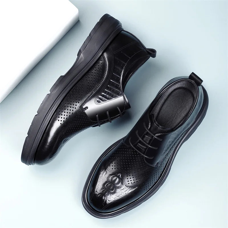 2026 Summer New Men's Cow Leather Oxford Shoes Hollow Out Formal Business Dress Shoes Male Non-slip Fashion Platform Shoe Man