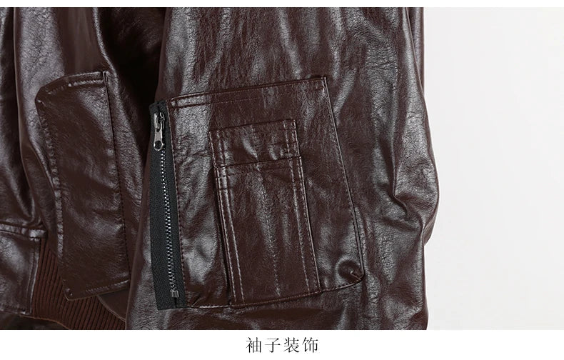 Autumn Winter Cool Handsome Oversized Brown Thickened Warm Leather Jacket Men with Hood Fake 2 Piece European Clothes