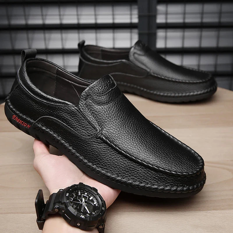 Men’s Leather Casual Loafers for Adults – Breathable, Comfortable Shoes in Black, Brown, White