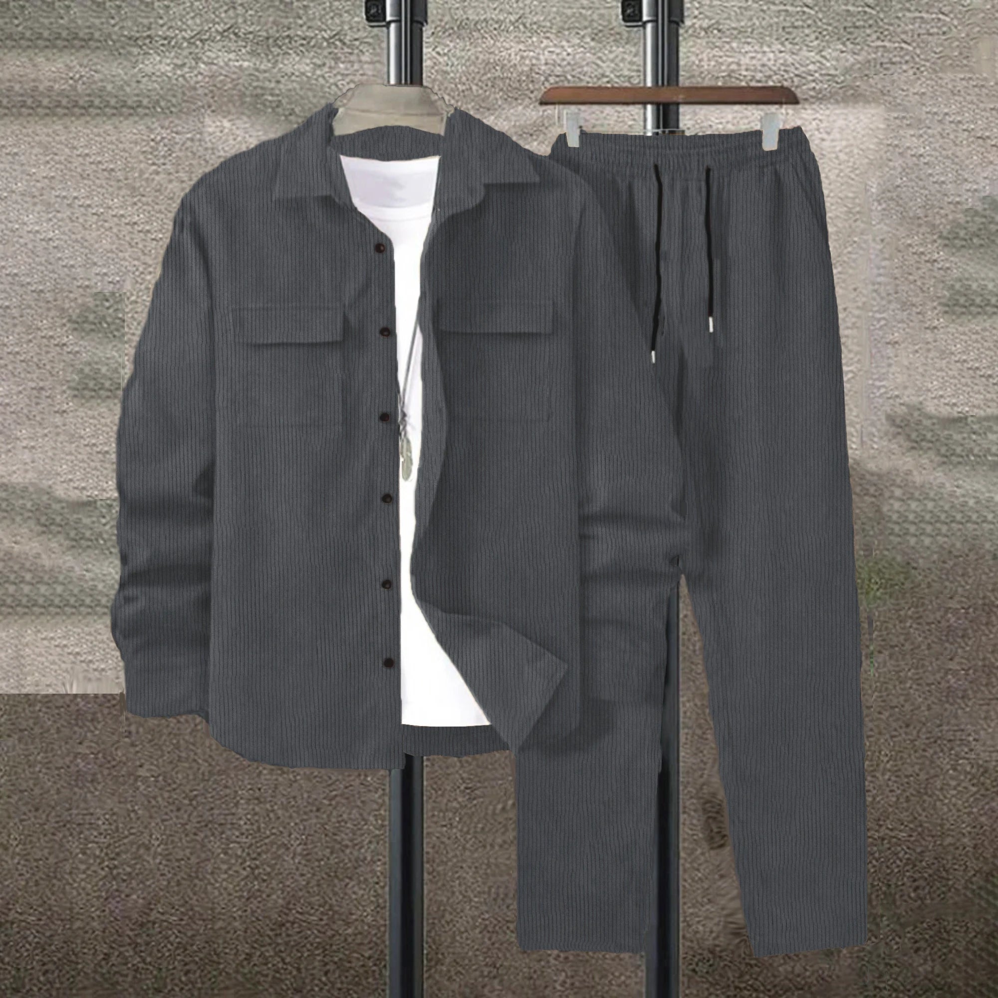 Men's suit Solid color corduroy suit Long sleeve shirt and pants casual suit
