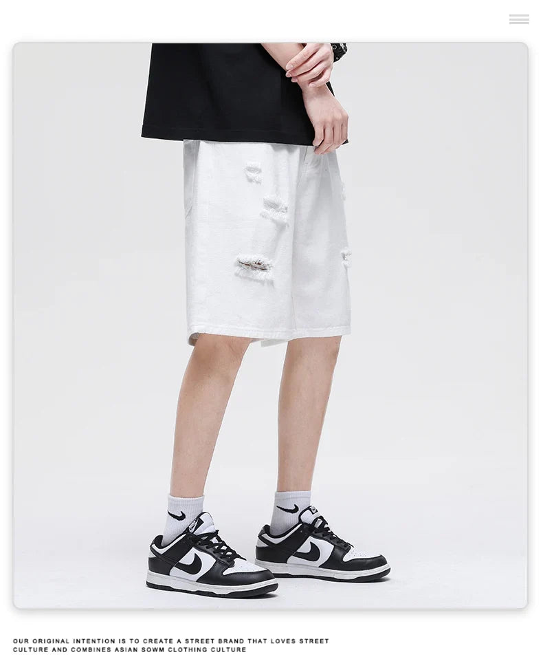 Summer New White Casual Men's Denim Shorts Ripped Fashion Loose Straight Street Bermuda Jeans Male Hole Short Pants