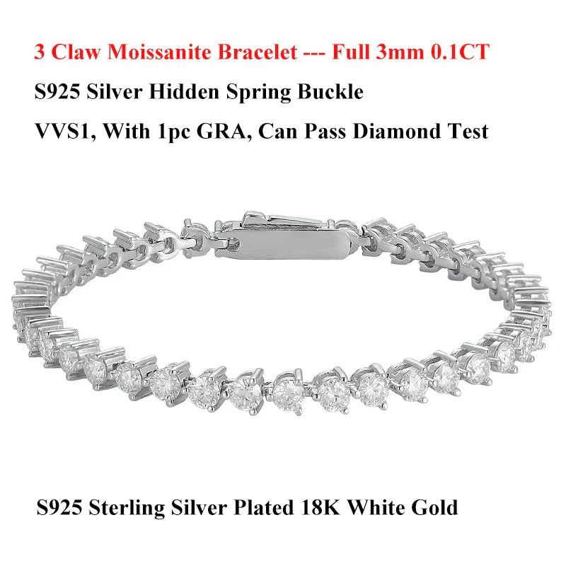 3 Claw 2.5/3mm Full D Color Moissanite Diamond Tennis Bracelet Hidden Buckle for Women Man 925 Silver Link Chain Bracelets