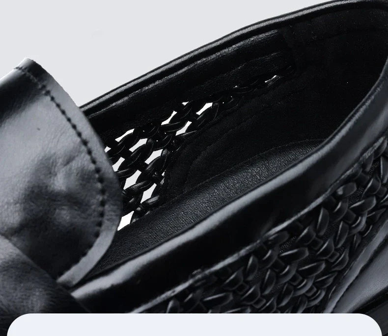 2026 Summer New Hallow Leather Shoes for Man Black Woven Breathable Elegant Shoes Man Fashion Business Loafers Male