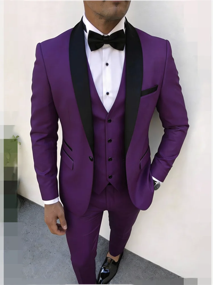 3pcs Men'S Slim Fit Groomsmen Suit | Purple Jacket, Vest, Pants with Non-Stretch Fabric and Color Block Pattern
