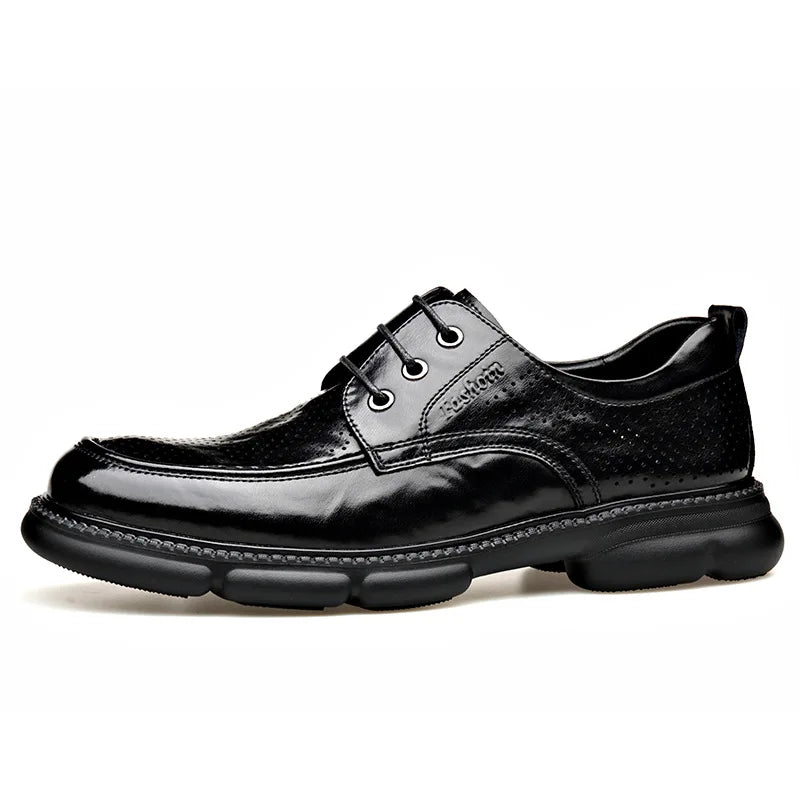 Summer Hallow Cow Leather Shoes for Men Fashion Casual Black New Designer Dress Shoes Male Lace Breathable Platform Shoes Man
