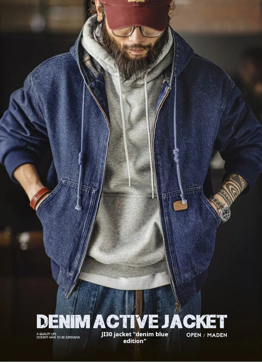Retro Men's J130 10.5oz Denim Jacket Heavyweight Washed Aged Hooded Jacket Zipper Work Coat with Large Pockets for Fall