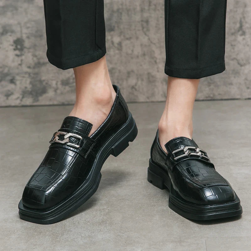 Fashionable Dress Loafers For Men, Crocodile Embossed Chain Decor Slip-on Dress Shoes