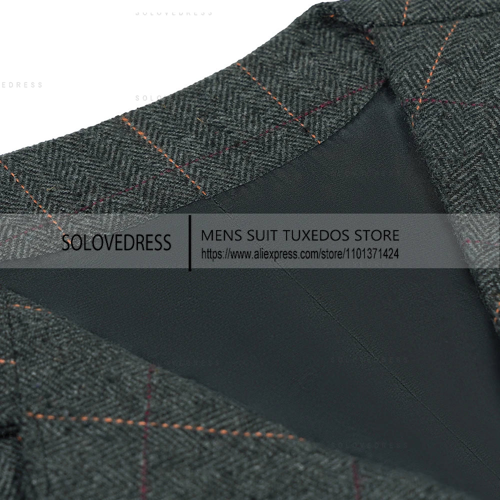 Men's Business Formal Dress Suit Vest Slim Fit  Herringbone Plaid V-neck Casual Waistcoat Wedding for Tuxedo