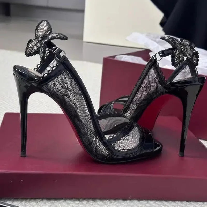 2025 Hot Sale Women's Shoes Peep Toe Women's Sandals Fashion Butterfly-knot Party Sandals Women New  Lace Solid Heeled Sandals