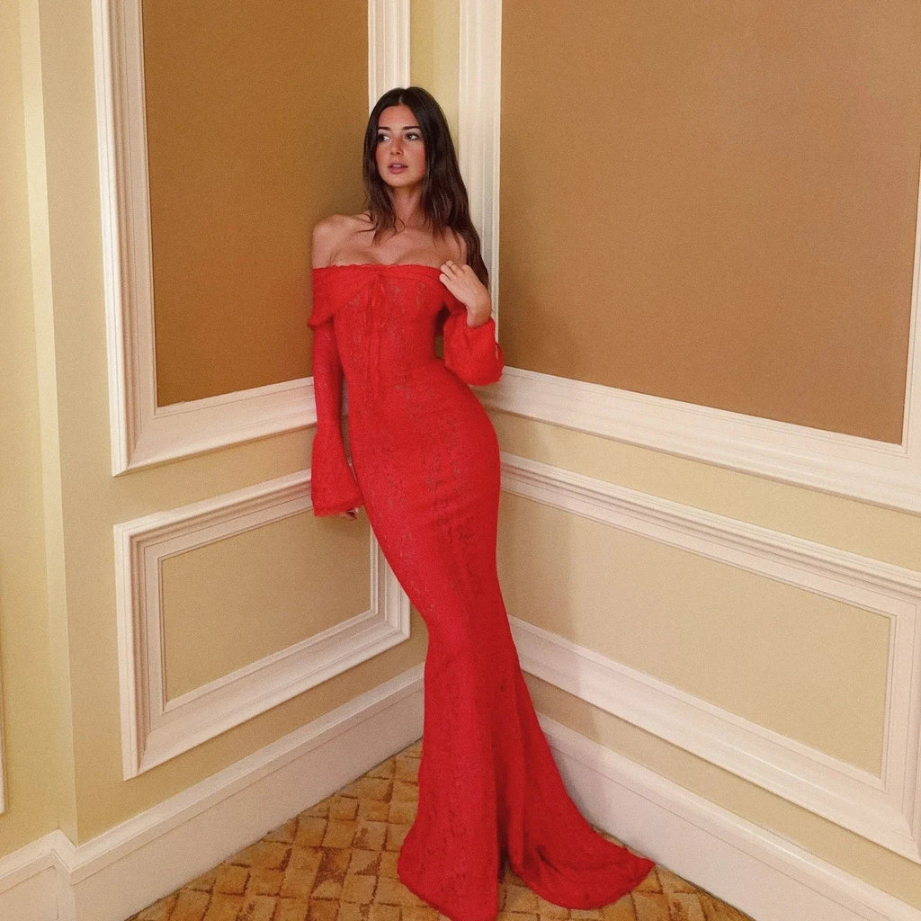 Autumn Off-Shoulder Maxi Dress Elegant Lace Flare Sleeves Red Evening Party Dress Women's New Arrival 2025 Cocktail Dress