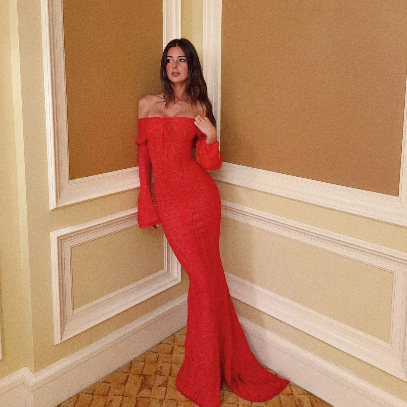 Autumn Off-Shoulder Maxi Dress Elegant Lace Flare Sleeves Red Evening Party Dress Women's New Arrival 2025 Cocktail Dress