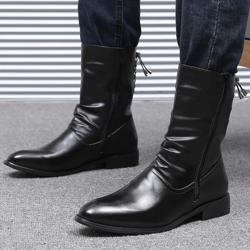 Men's Leather Boots High Quality Black Motorcycle Boots Designer Punk Rock Mid-calf Boots Fashion High Top Shoes Botas Masculino