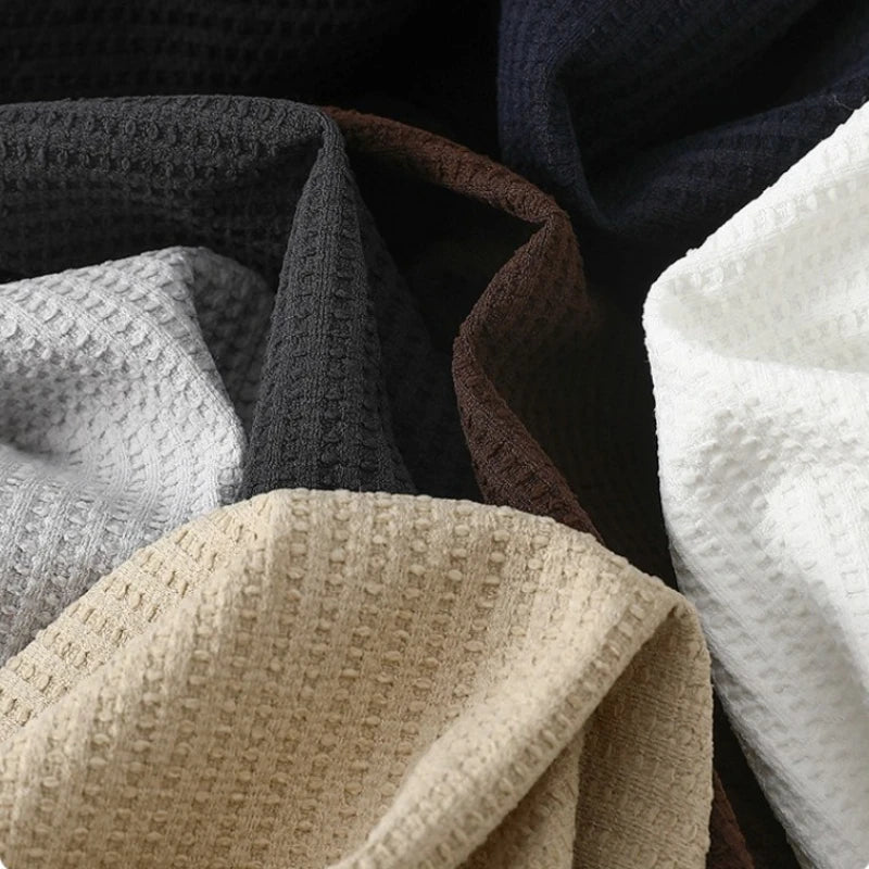 Autumn Lightweight Waffle Knit Base Layer Top  Men - Fashionable Loose Fit Versatile Long-Sleeved Round Neck T-Shirt/Sweatshirt