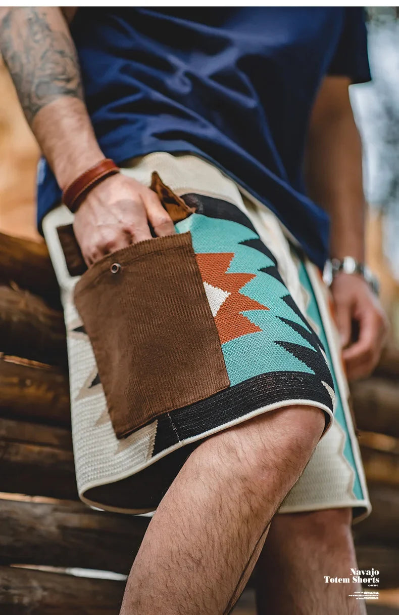 Navajo Totem Knitted Shorts Men's  Elastic Waist Casual Shorts with Corduroy Pocket Summer Beach Breathable Short Pants