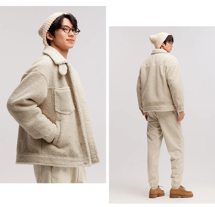 Jacket Men Plush Outerwear 2024 New Couple Solid Color Versatile Loose Imitation Lamb Wool Winter Outfit Neutral Style