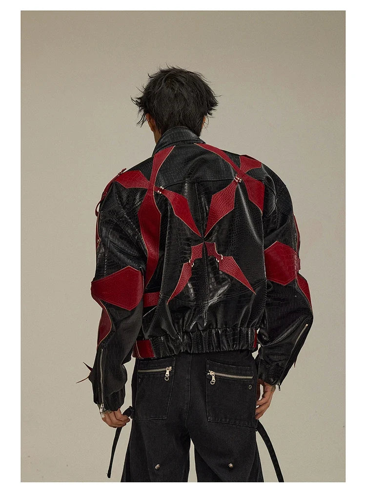 Spring Autumn Cool Handsome Crocodile Print Patchwork Pu Leather Jacket Men Color Block Luxury Designer Clothes 2024