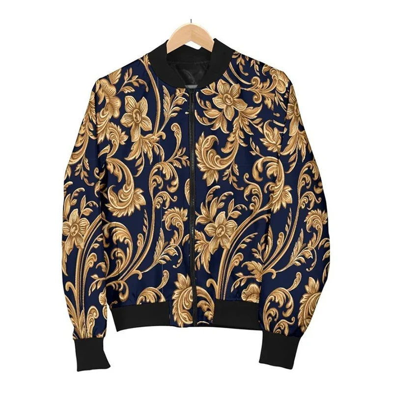Luxury Baroque Bomber Jacket Men Women 3D Printed Gold Graphic Floral Jackets Street Trend Fashion Autumn Zipper Soft Coat