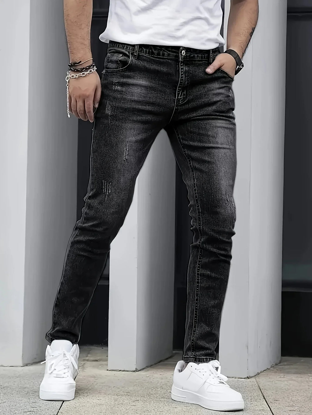 1 Piece of Men's Four-Season Snowflake Washed Fashion Jeans, Stretch Slim Fit Light Gray Dark Black Casual Denim Pants, Normcore and Fashionable, Suitable for Everyday Wear