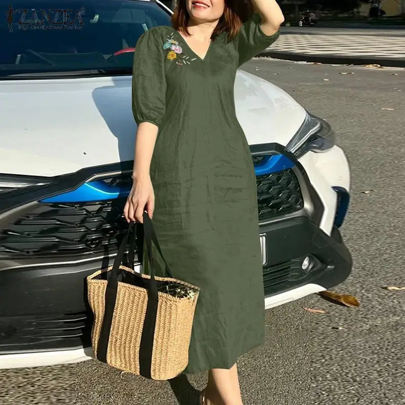 Women V Neck A-line Vestidos Solid Holiday Casual 2024 Summer Dresses Commute Half Sleeve Floral Embroidery Midi Dress