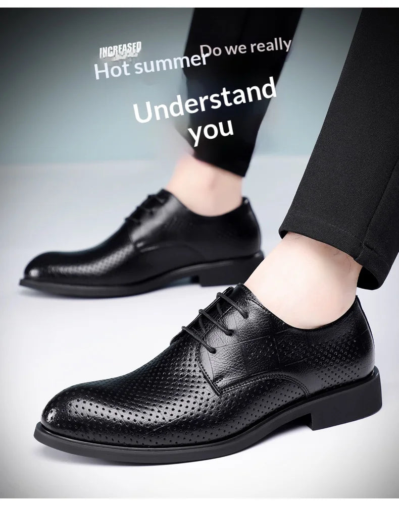 Men Spring Summer Hollow Out Breathable Elevator Shoes 6cm Hidden Height Increasing Business Formal Dress Office Wedding Shoes