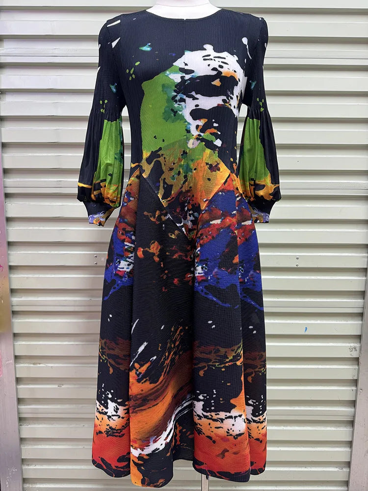 Miyake Pleated Dresses 2026 Autumn New Gentle French Print Elegant Stretch Plus Size Women's Long Sleeve Bounce Flower Bud Dress