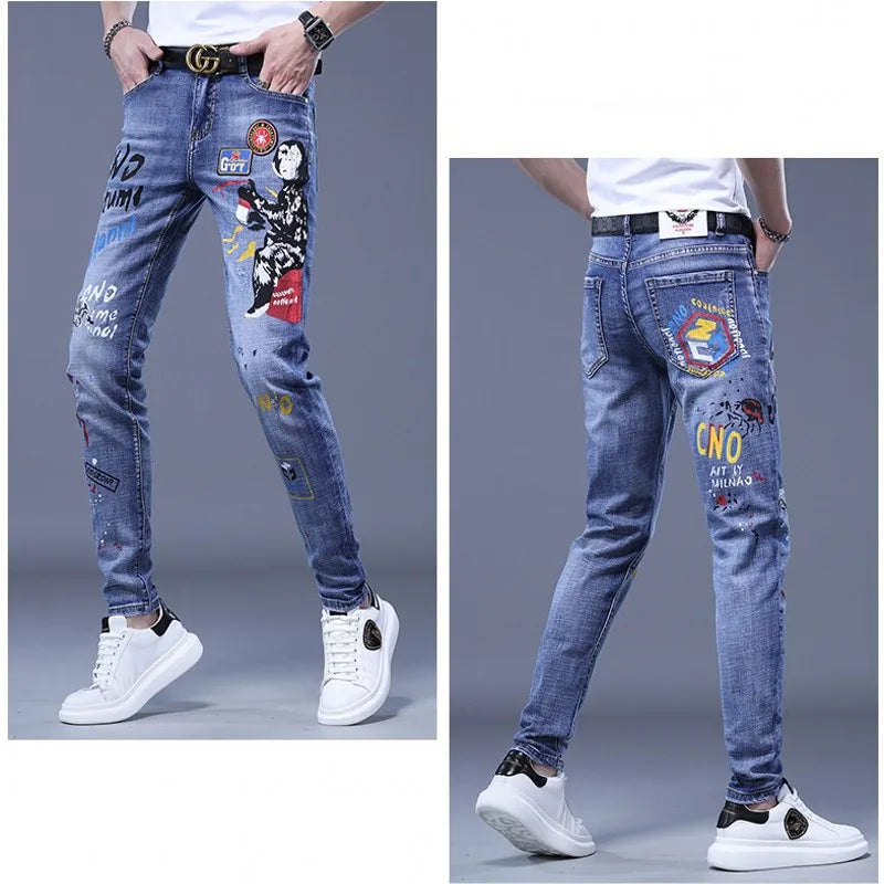 Printed Jeans Men's Korean Brand Embroidery Badge Cowboy Pencil Pants