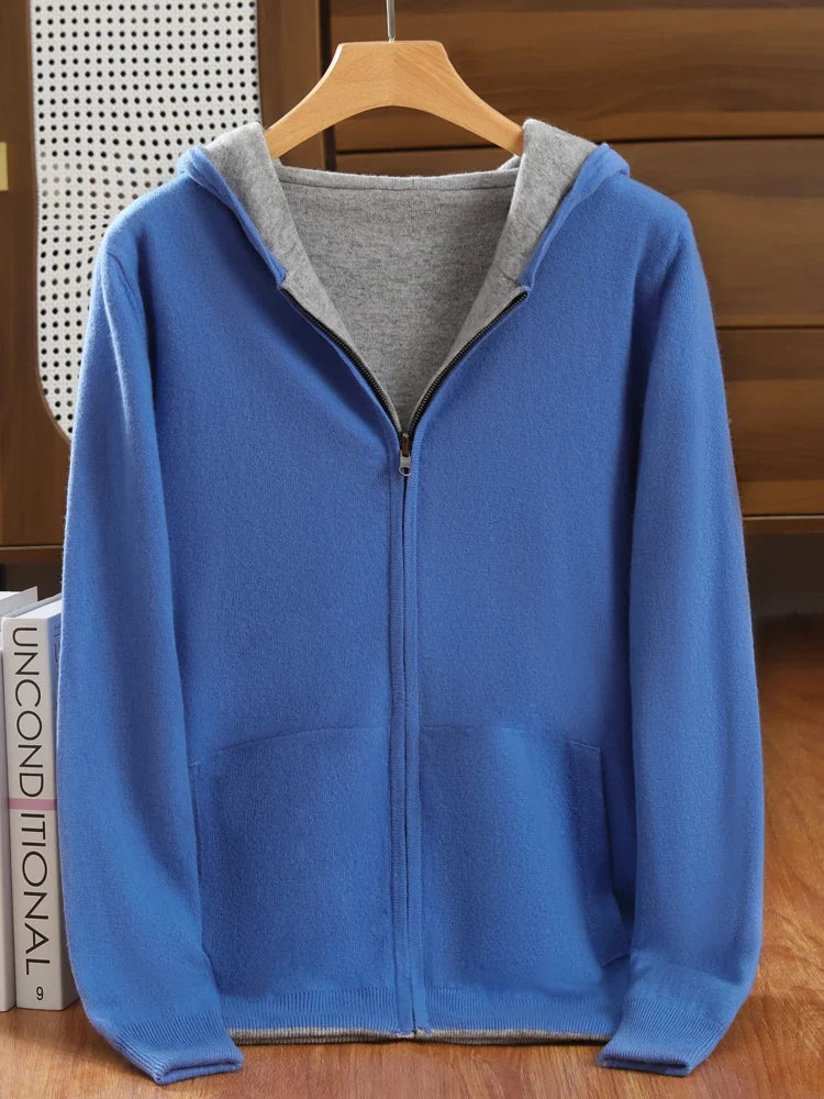 Double-Sided Hooded Zippered Men's Cashmere Cardigan Autumn and Winter Contrasting Color Thickened Loose Casual Knitted Sweater