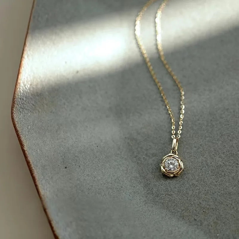 925 Sterling Silver Plated 14k Gold Shiny Zircon Flower Necklace for Women Girl Korean Temperament Exquisite Jewelry Gifts