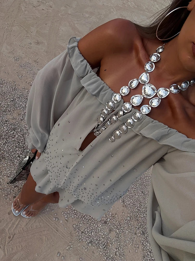 Elegant Summer Women’s Off-Shoulder Sequin Georgette Dress 2026 Female Ruffled Neckline Tiered Long Sleeve Mini Dress