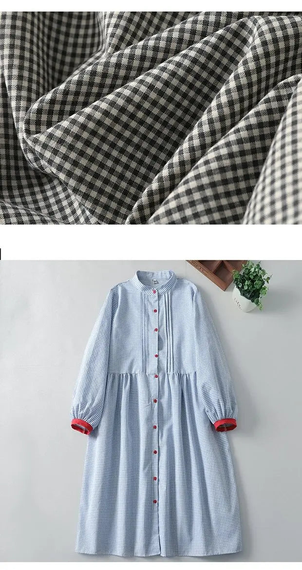Sweet Japanese Sle Cotton Linen Plaid Long Sve Dr Women Spring Autumn Slimming Doll Dr Cardigan Stand Collar Long ...