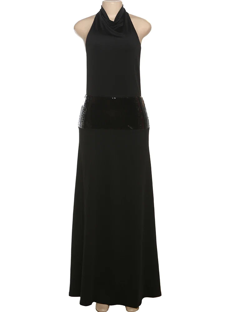 Backless Fashion Dresses Elegant Halter Patchwork Draped Maxi Bodycon Female Solid Simple Evening Party Frock New