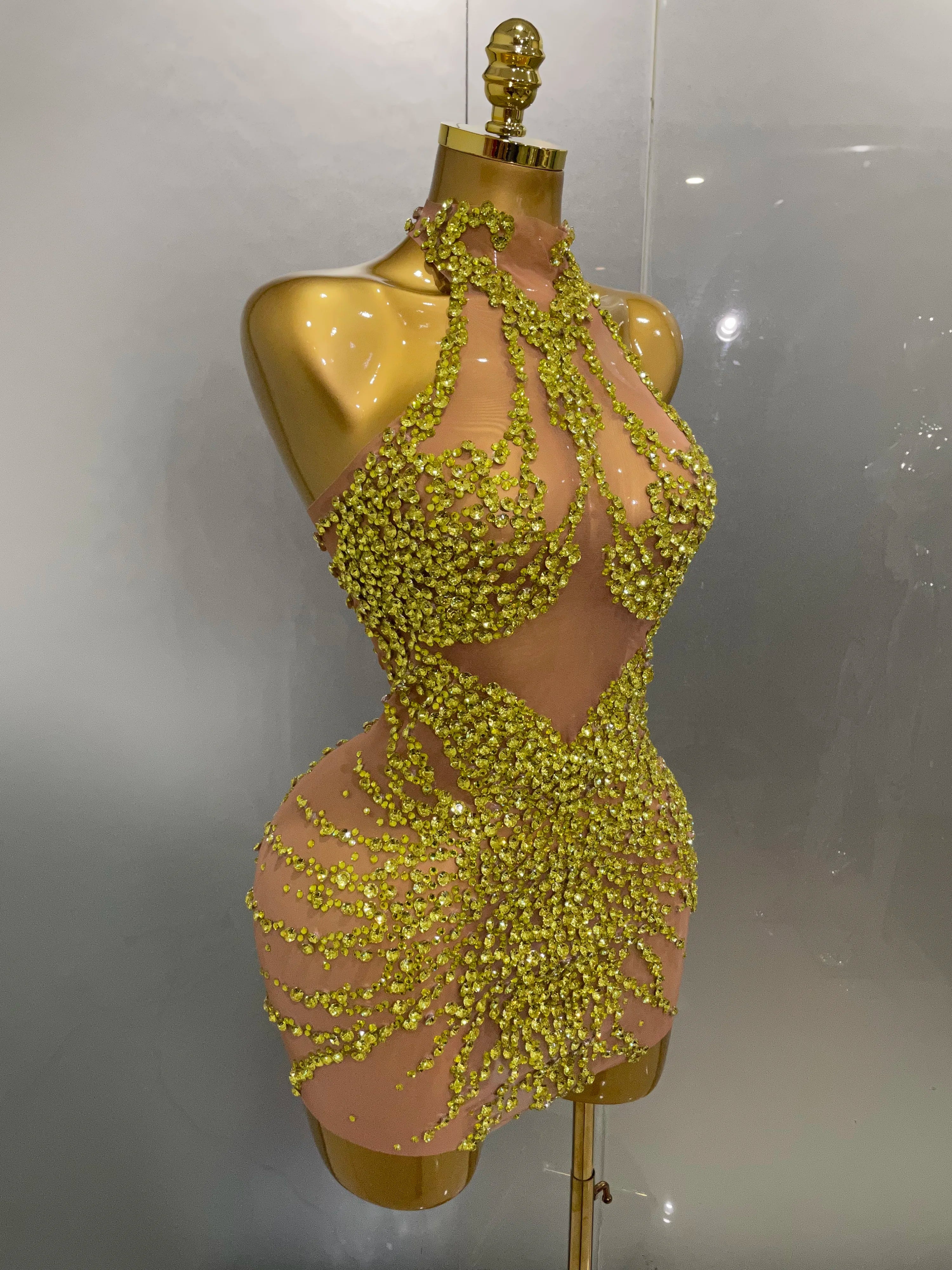 Sparkly Rhinestones Sexy Mesh See Through Dress Party Evening Prom Celebrate Birthday Dress Singer Dancer Show Stage Wear