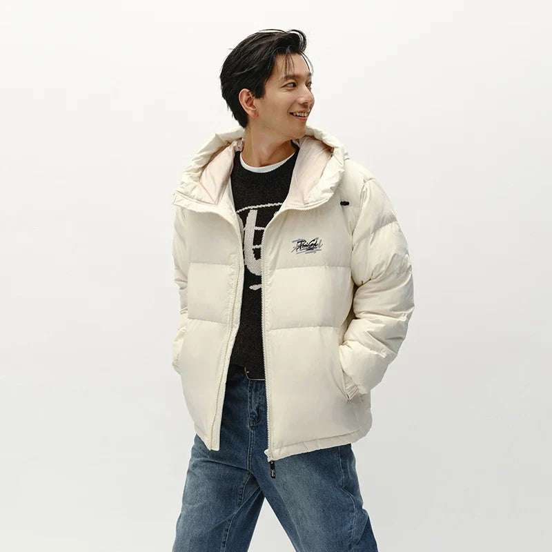 Down Jacket Men Winter 80% Down Fill Loose Hooded Outerwear Textured Street Trendy Letter Printed Top Men'S Clothing
