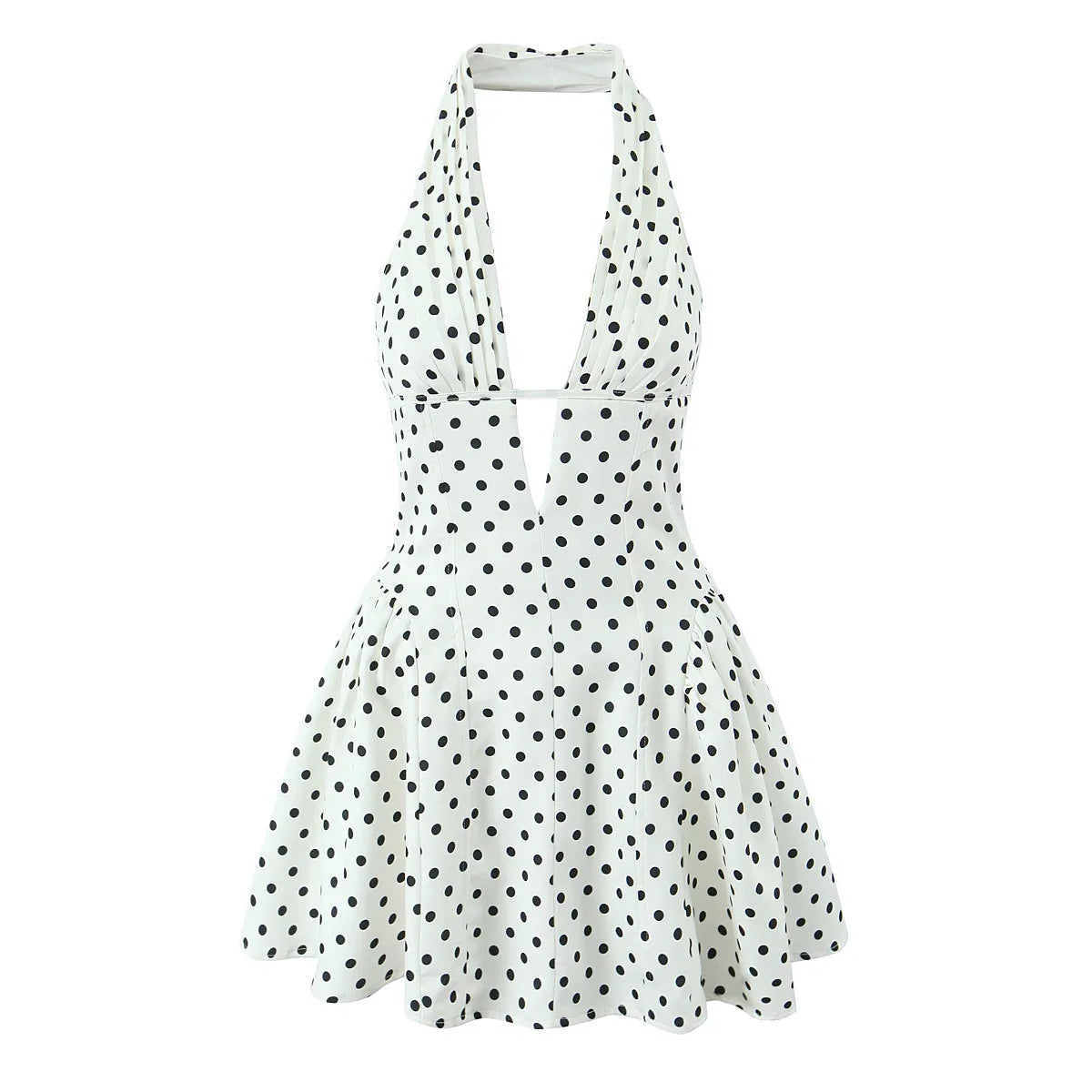 French Style Retro Polka Dot Deep V Halter Dress Women Sexy Backless A-line Slim Sweet Elegant Mini Dresses Summer Robe