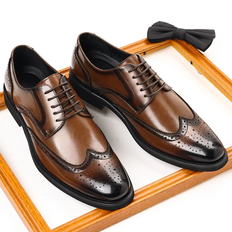 Pointed Toe Vintage Gradient Leather Wingtip Brogue Oxford Dress Shoes Lace Up Formal Business Groom Wedding Office Work Shoes