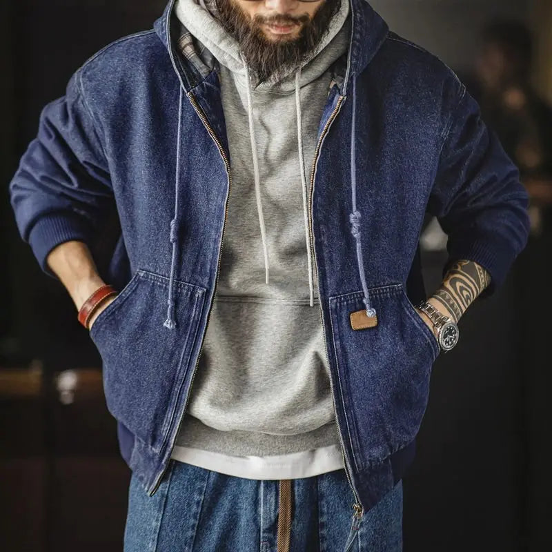 Retro Men's J130 10.5oz Denim Jacket Heavyweight Washed Aged Hooded Jacket Zipper Work Coat with Large Pockets for Fall