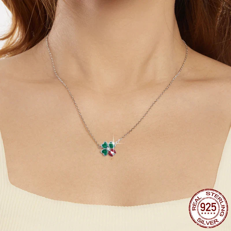 925 Sterling Silver Four-leaf Clover Ladybug Necklace for Women - Lucky Jewelry Gifts Fashion Birthday Graduation Gift