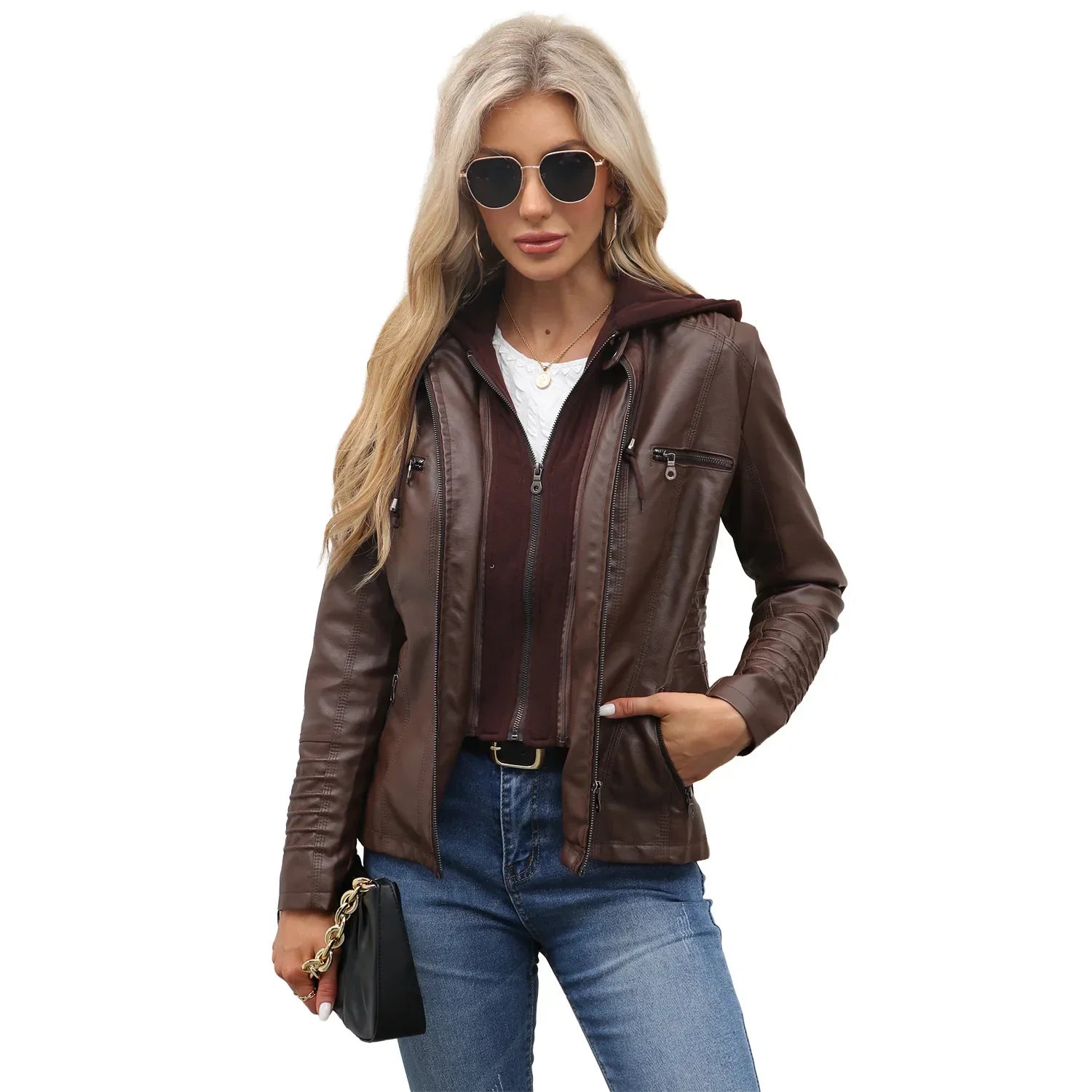 Women’s hooded jacket coat set, detachable design, faux leather, spring autumn, regular fit, L–XXL